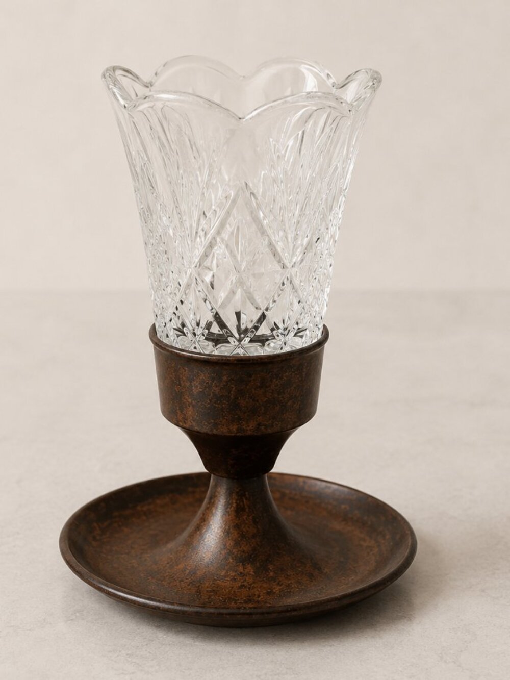 Vintage S.N.K. India Crystal Votive Candle Holder Faux Burl Wood Pedestal 6"